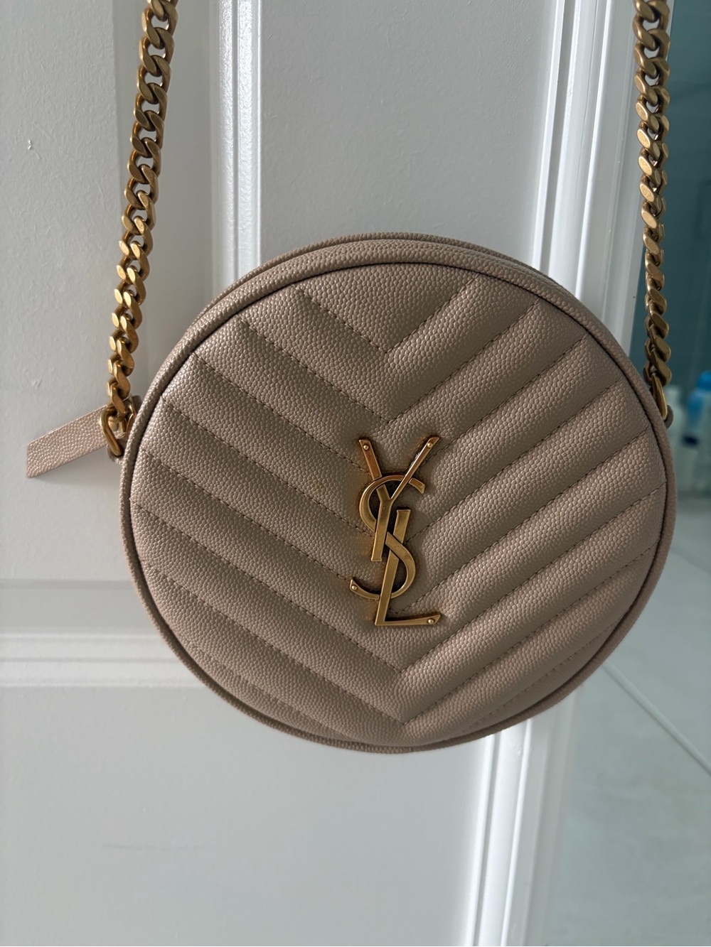 Saint Laurent Taupe Quilted Round YSL Chain Crossbody